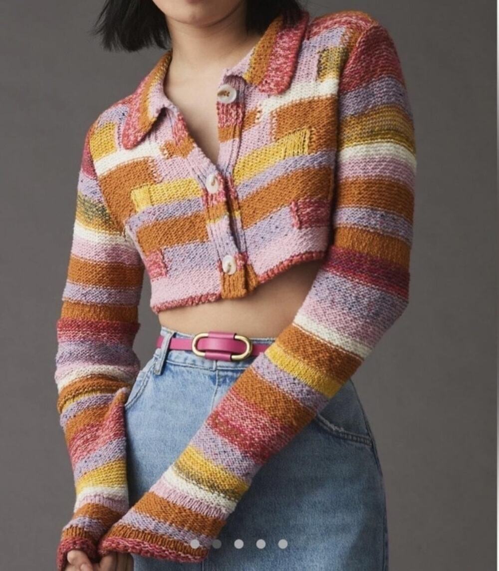 Pilcro Cardigan Sweater Womens Small Multicolor Stripe Cropped Chunky Knit